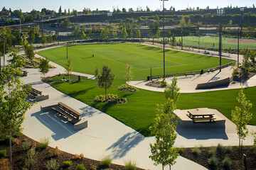 A well-maintained sports field surrounded by greenery and seating areas for leisure activities.