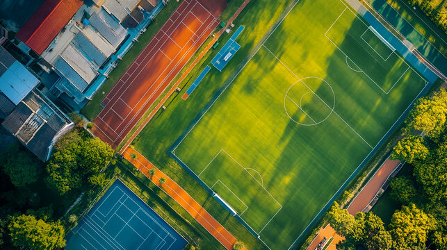 Aerial view of sports fields, including soccer, tennis, and running tracks.