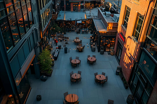 A vibrant outdoor dining area with tables, warm lighting, and an inviting atmosphere.