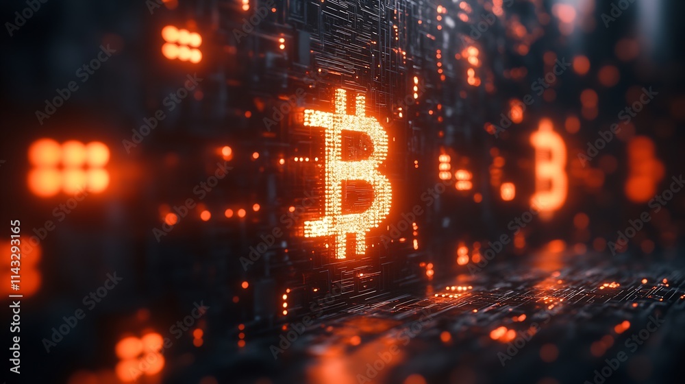 Fototapete Abstract Digital Bitcoin Symbol with Electric Circuitry in Futuristic Tech Background : Generative AI