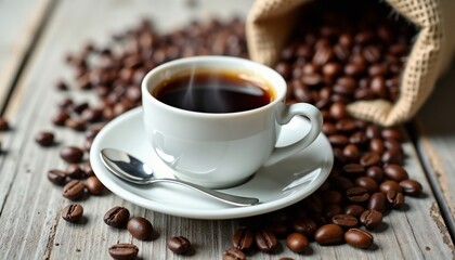 Fototapeta premium A freshly brewed cup of coffee surrounded by scattered coffee beans on a rustic wooden table.