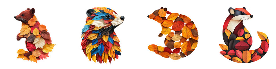 Fototapeta premium Colorful animal designs made from autumn leaves, vibrant and artistic, isolated on transparent background.