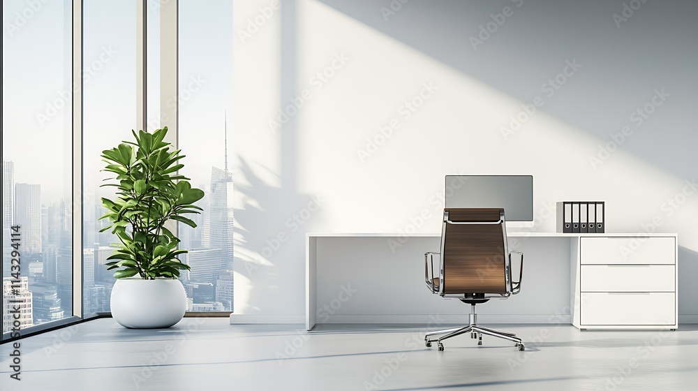 Poster Elegant Office with Large Windows and Modern Desk Overlooking City Skyline : Generative AI