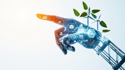 A futuristic robotic hand points towards green leaves, symbolizing the synergy between technology and sustainability.