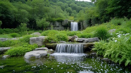 Naklejka premium Majestic Waterfall in Tranquil Forest