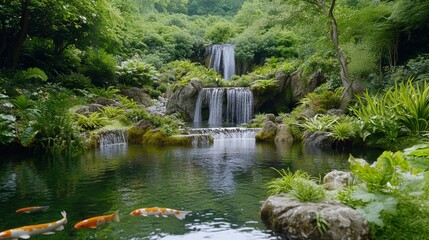 Serene Pond with Waterfall and Koi