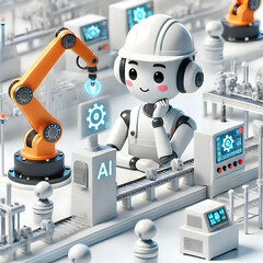 Naklejka premium 3D Factory workers operating AI machinery concept as A candid image of factory workers in Germany operating AI controlled machinery; the camera captures the precision and connectivity highlighting pro