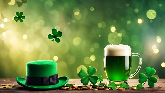 Creative St. Patrick day background with green beer in glass cup