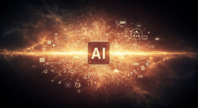 Abstract brain hologram, Abstract glowing neural pathways forming an AI brain, representing artificial intelligence and deep learning concepts.