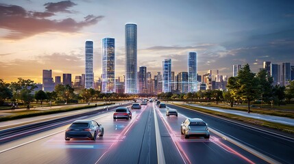 Autonomous vehicles driving on highway towards modern city skyline at sunset.