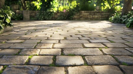 Sunlit cobblestone pathway in a lush garden.