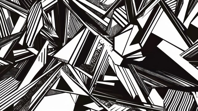 Abstract black and white geometric pattern with sharp lines and triangles.