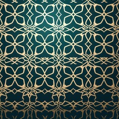 Islamic geometric patterns in golden hues on a deep teal gradient backdrop.