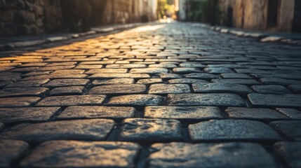 Sunlit cobblestone street, perspective view.