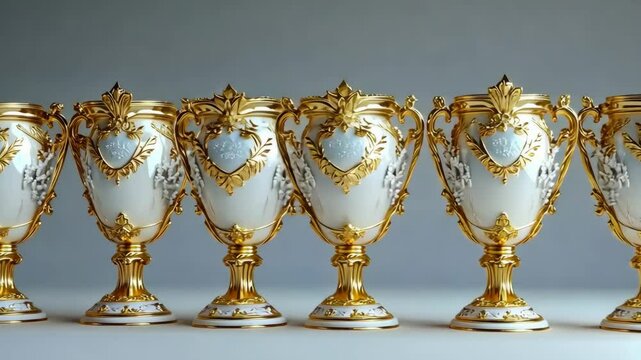 Exquisite collection of ornate golden and white trophies displayed in a row highlighting intricate craftsmanship and design