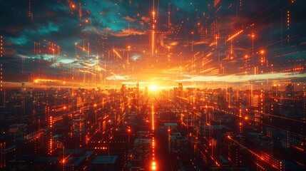Fototapeta premium Futuristic city skyline at sunset with digital data streams.