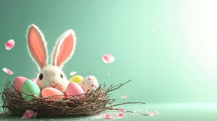 Adorable bunny with colorful easter eggs in nest surrounded by petals on pastel green background - happy easter celebration