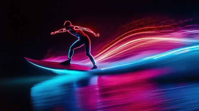 Surfer riding neon wave at night.