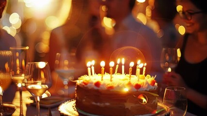 Blurred silhouettes of partygoers taking turns blowing out the candles on the birthday cake creating a warm and nostalgic scene.
