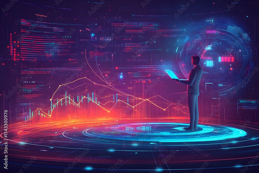 Poster futuristic businessman analyzing data in a high-tech environment with graphs and digital visualizati