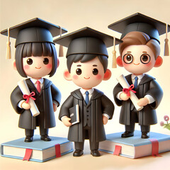 3D Graduates posing with diplomas in soft abstract background copy space on left concept as Graduates posing proudly with their diplomas against a soft abstract background symbolizing academic achieve
