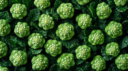 Freshly harvested broccoli with vibrant green color and dewdrops on leaves