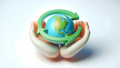 3D Icon of Hand Cradling Globe Surrounded by Green Arrows Symbolizing Sustainability and Global Responsibility on White Background