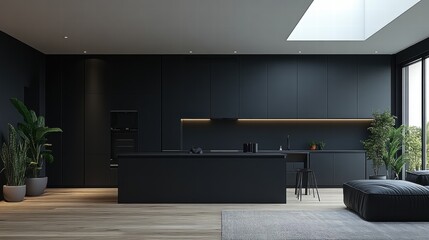 Modern Minimalist Kitchen Design with Dark Cabinetry and Plants