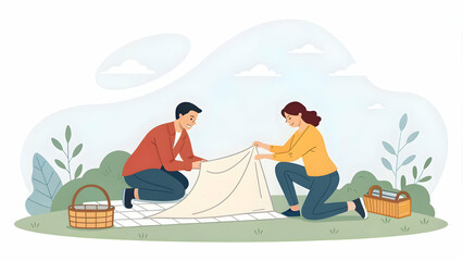 Couple Picnic Setup with Blankets and Basket in Tranquil Greenery at Noon, Ideal for Relaxation and Easy Outdoor Gatherings
