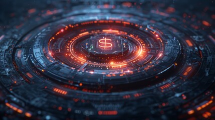Futuristic digital dollar symbol in glowing circular tech interface.