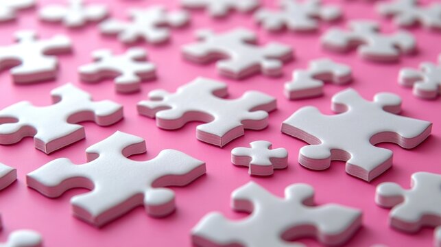 White jigsaw puzzle pieces scattered on pink background.