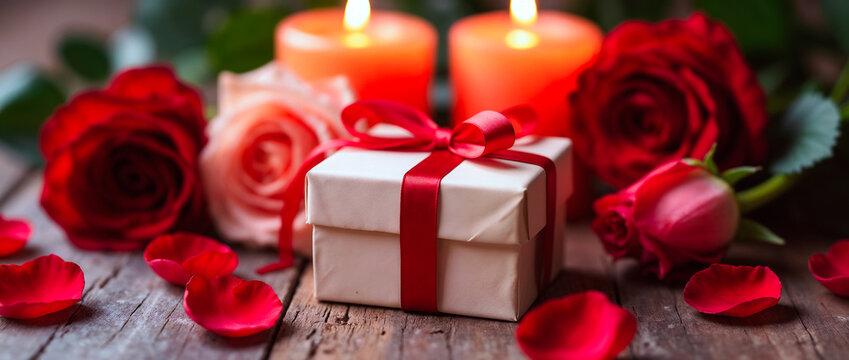 Cozy romantic setting featuring a gift box wrapped with a bow surrounded by roses, petals, and glowing candles, ideal for celebrations of love and affection such as Valentine's Day or anniversaries.

