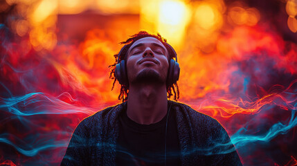 Man enjoying music with headphones surrounded by vibrant colorful smoke