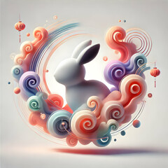 Fototapeta premium 3D Abstract Rabbit Silhouette Surrounded by Soft Colors for Lunar New Year - Dreamy Atmosphere with Copy Space