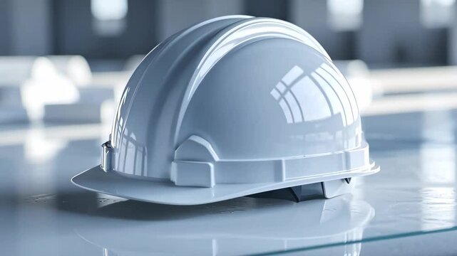 Construction safety helmet resting on a clean surface in a well-lit work environment