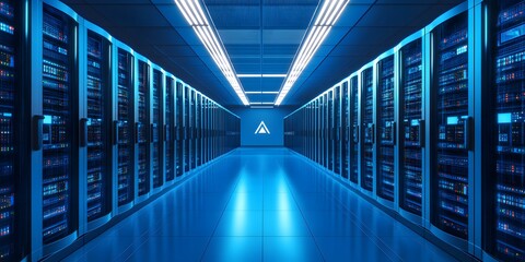 Modern server room with rows of powerful computer servers.