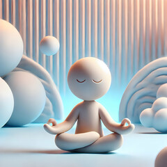 3D Chibi Man Practicing Mindfulness Against Soft Abstract Background with Copy Space for Branding