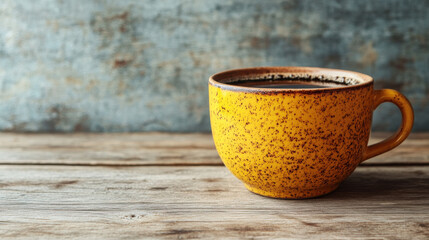 vibrant yellow coffee cup filled with dark coffee sits on rustic wooden table, creating warm and inviting atmosphere perfect for coffee lovers