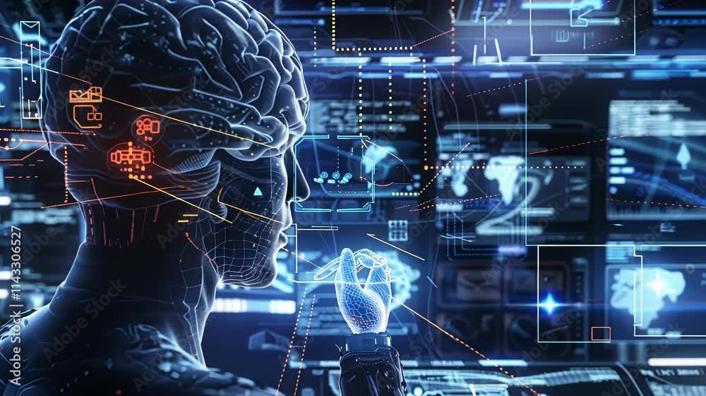 Poster futuristic artificial intelligence managing and analyzing data from global network operations in hig