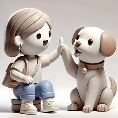 Therapy Dog High Fiving Child with Plain 3D Background - Joyful Pet Therapy Interaction and Connection