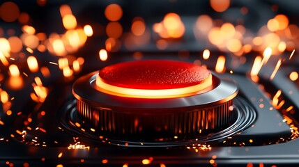 Closeup of a large red emergency button, surrounded by intense sparks and glowing embers, urgent industrial power cut-off setting, dramatic lighting--style raw