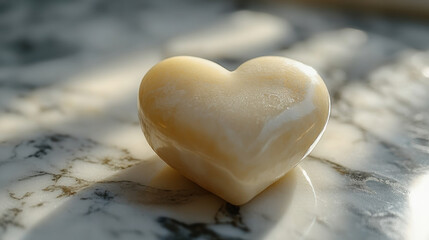 smooth, white heart shaped stone rests on marble surface, reflecting light beautifully. This serene image evokes feelings of love and tranquility