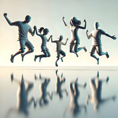 3D Plain Background with Family Jumping in Unison on the Beach concept as A plain background image capturing the moment a family jumps in unison on the beach their silhouettes against the clear sky. T