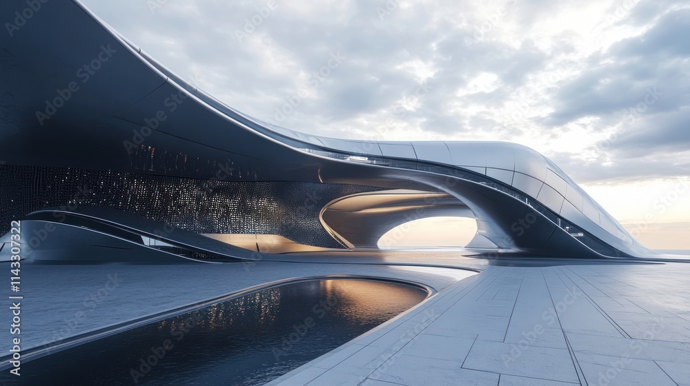 Poster a futuristic architectural design featuring smooth curves and reflective surfaces.