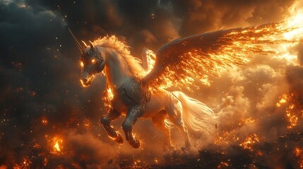 Fototapeta premium Fiery winged unicorn fantasy art