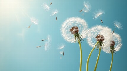 Delicate Dandelions Against a Clear Blue Sky with Floating Seeds