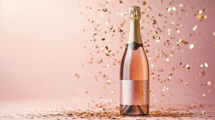 Mockup bottle of pink champagne stands on a light pink background and is surrounded by falling golden confetti. Copy space, flat lay