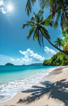 Tropical beach with palm trees and turquoise water in ocean. Paradise island on a sunny day. Trip, travel and vacation