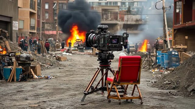 Cinematic production capturing action-filled scene in urban setting during chaotic moment of filming