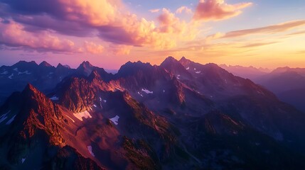The vibrant colors of a sunset spread across the sky over a mountain range, with golden hour light casting a soft glow on the jagged peaks and valleys below 